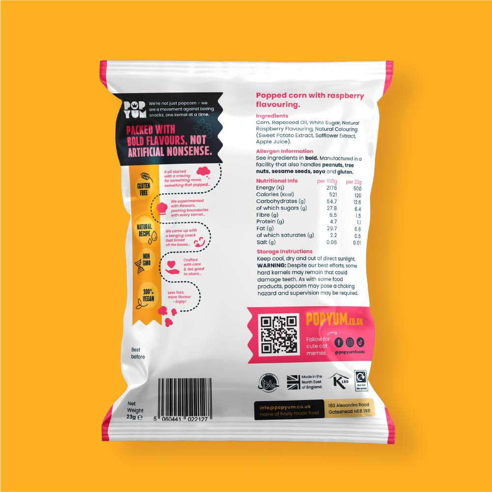 Raspberry Vegan Popcorn | 120kcal Per Pack – Pop Yum Foods LTD