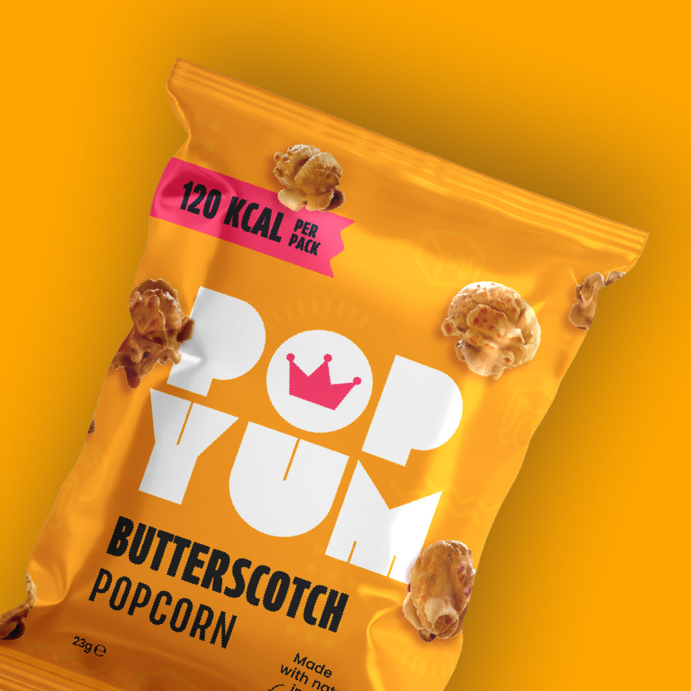 A yellow packet of Pop Yum gluten-free butterscotch popcorn on a yellow background. 120 kcal per pack is also displayed.