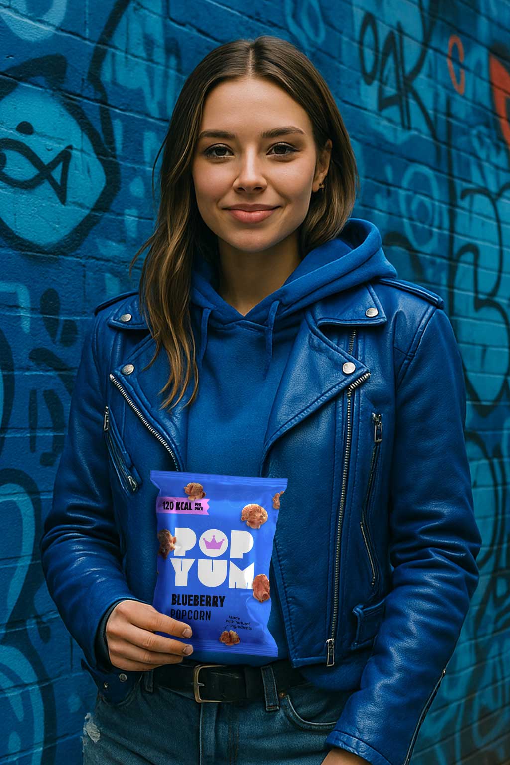 Person wearing a blue leather jacket holding a Pop Yum blueberry-flavoured popcorn packet against a graffiti-covered wall.