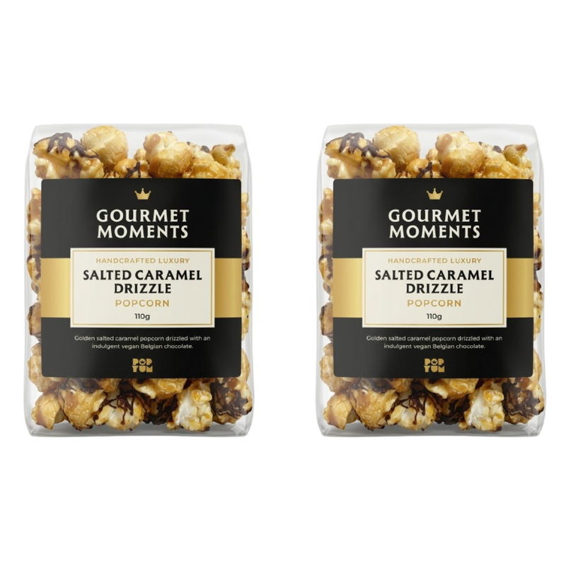 Salted caramel drizzle vegan gourmet popcorn  in 2x 110g bags, crafted for a refined taste.