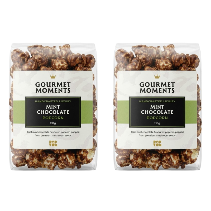 Vegan Gourmet Moments handcrafted luxury mint chocolate popcorn in 2 bags of 110g each.
