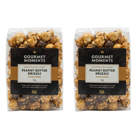 Vegan gourmet popcorn collection featuring peanut butter drizzle in 2x 110g bags for a refined snack experience.