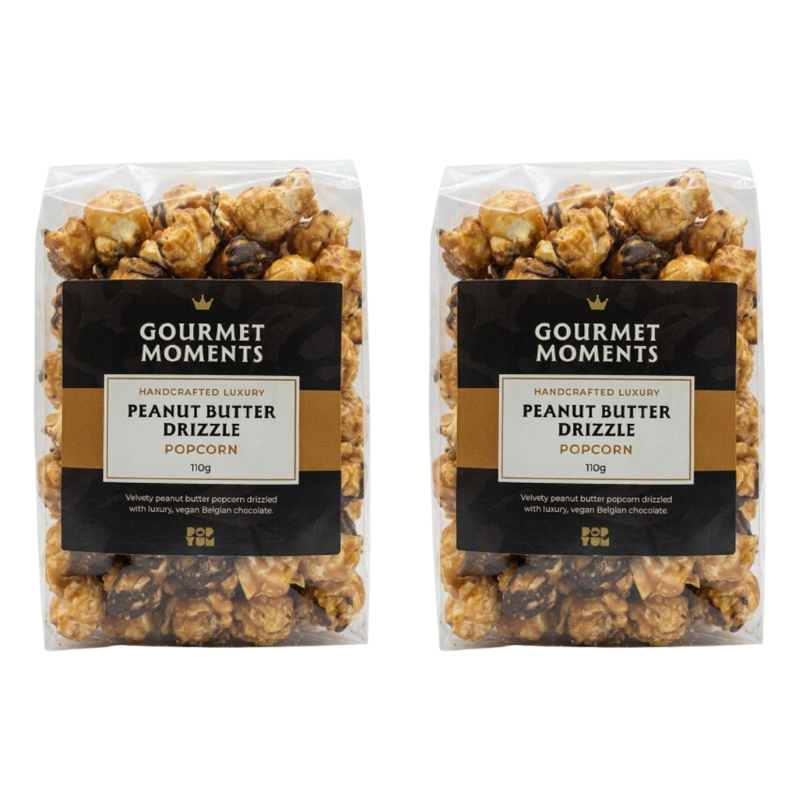 Vegan gourmet popcorn collection featuring peanut butter drizzle in 2x 110g bags for a refined snack experience.
