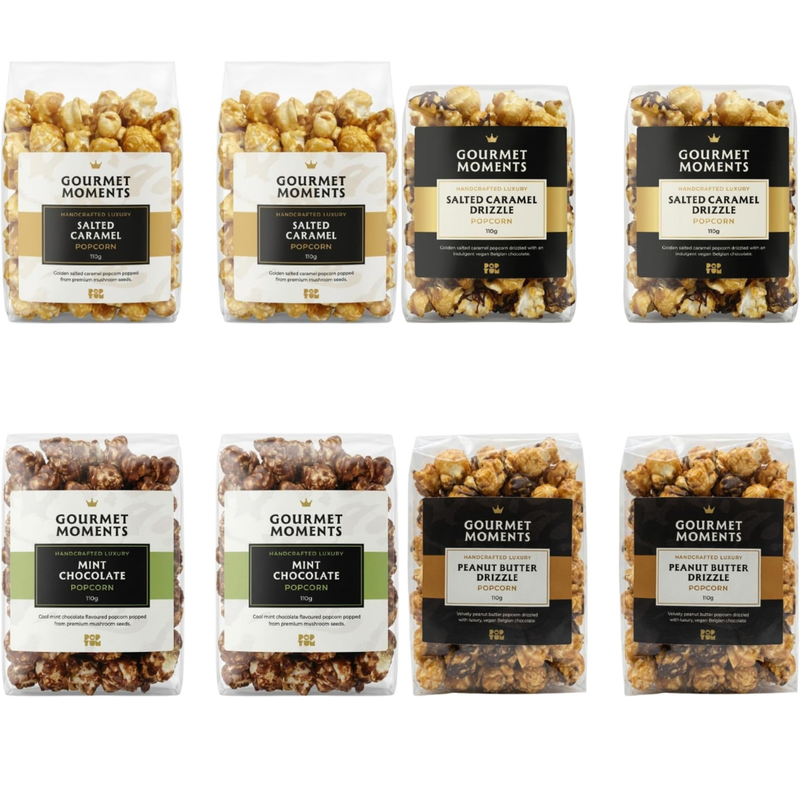 Vegan Gourmet Popcorn Collection featuring Salted Caramel, Salted Caramel Drizzle, Mint Chocolate, and Peanut Butter Drizzle flavours in 2x 110g bags.