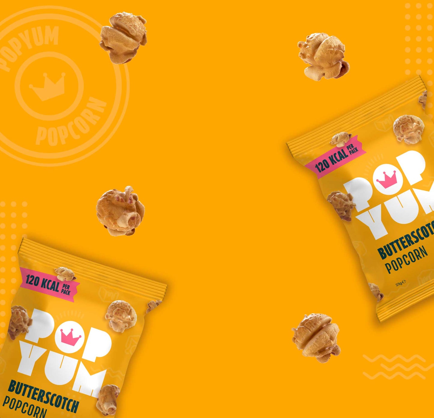 Pop Yum Butterscotch Popcorn packets on a yellow background with scattered popcorn kernels.