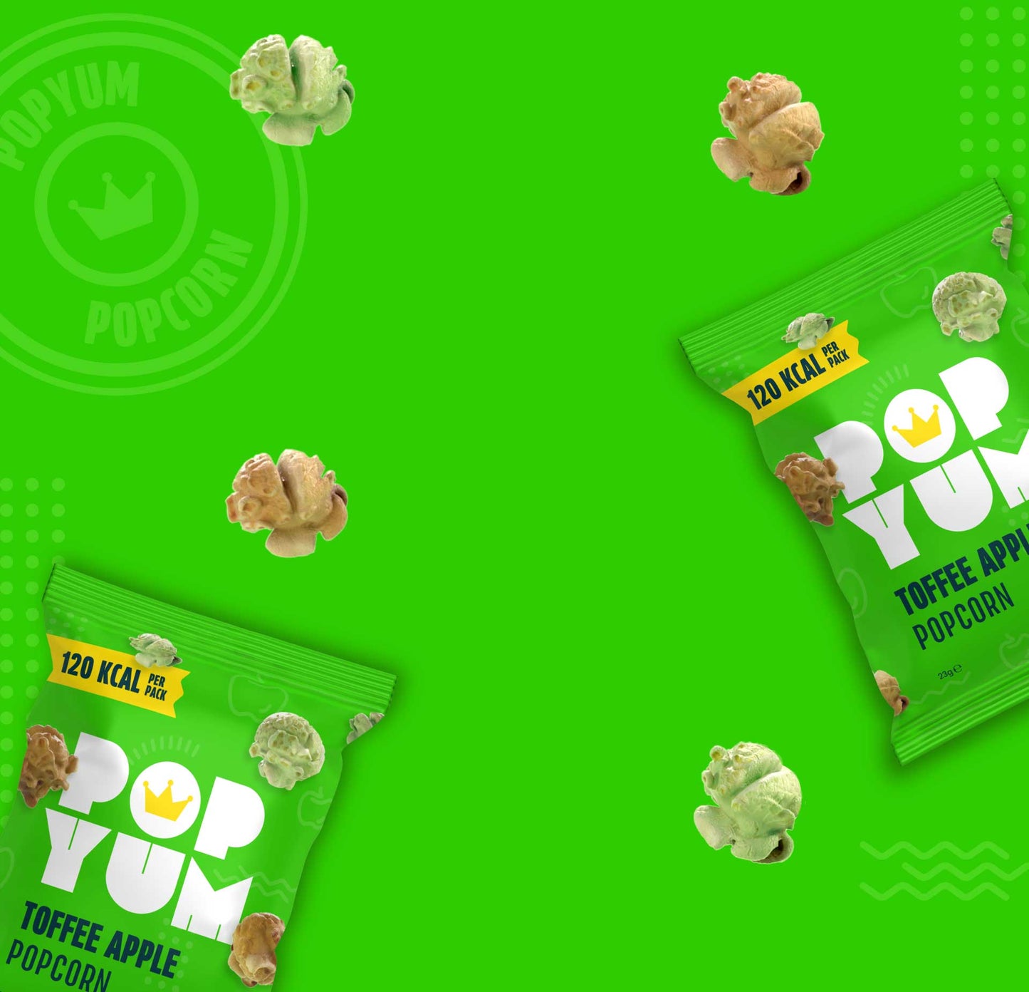 Green Pop Yum toffee apple flavoured popcorn packaging on a green background.