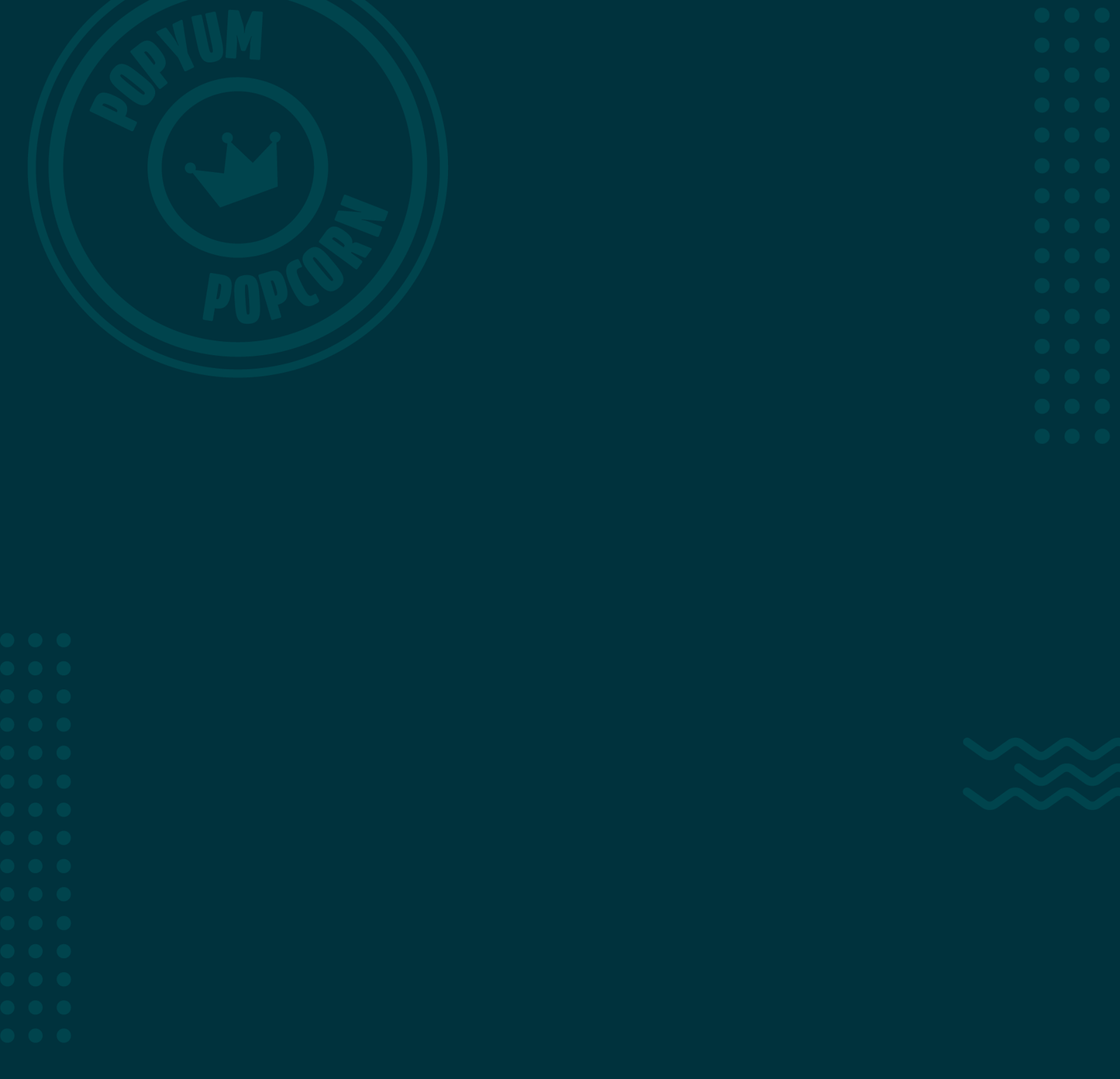 Dark blue background with the Pop Yum Popcorn logo & crown icons displayed in white. 