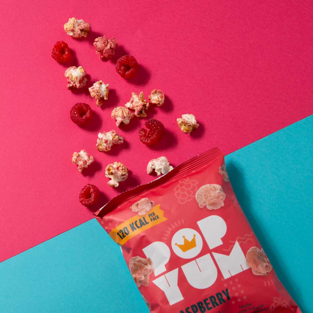 Raspberry Vegan Popcorn | 120kcal Per Pack – Pop Yum Foods LTD