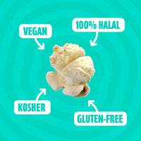 A floating kernel of Pop Yum popcorn, pictured on a light blue background with vegan, Halal, Kosher and gluten-free benefits.