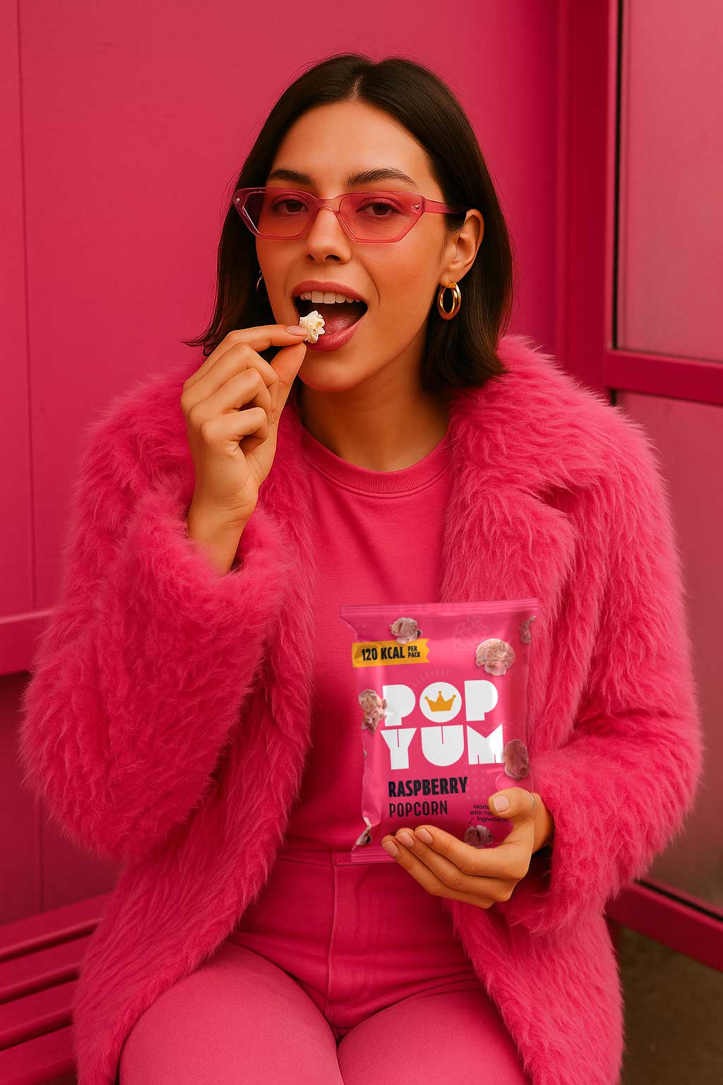 Woman in a pink outfit, eating Pop Yum raspberry-flavoured popcorn, against a pink indoor background.