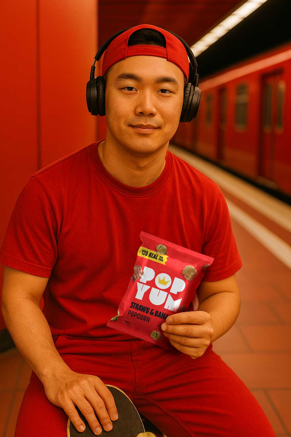 Person in red outfit holding a Pop Yum strawberry & banana-flavoured popcorn packet in a red, train station-themed setting