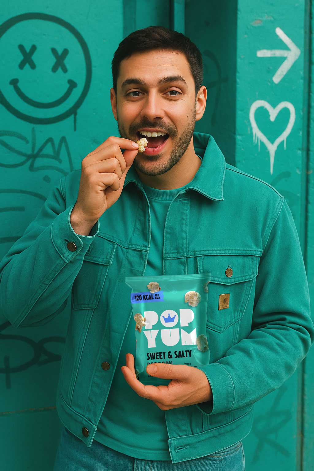 Man eating from a Pop Yum sweet & salty-flavoured popcorn bag, against a teal urban background with graffiti.