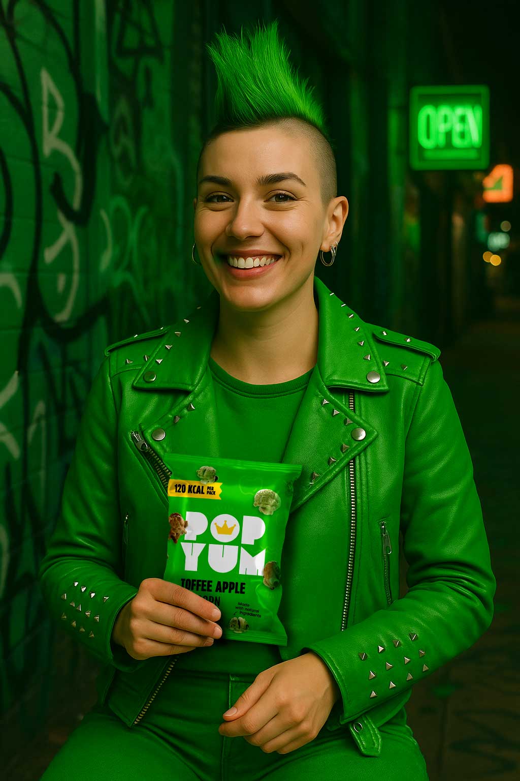 Person wearing a green leather jacket, holding a green Pop Yum toffee apple-flavoured popcorn packet against a dark, urban background.