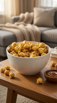 Vegan salted caramel popcorn in a white bowl pictured on a table with dipping sauce.