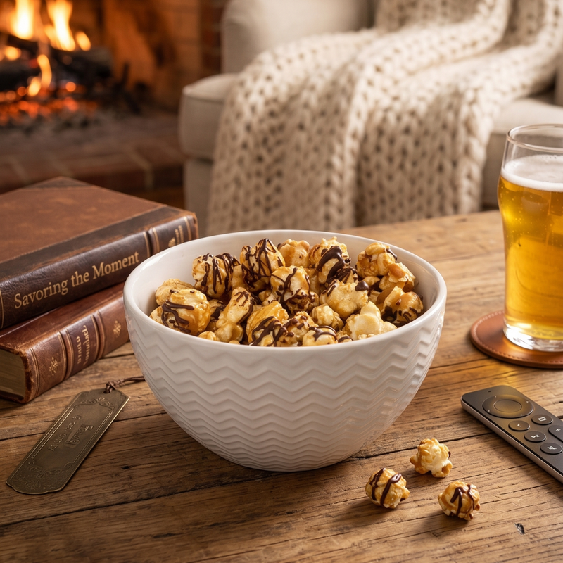 Vegan Belgian chocolate drizzled popcorn in a rustic home setting, pictured next to a pint of beer.
