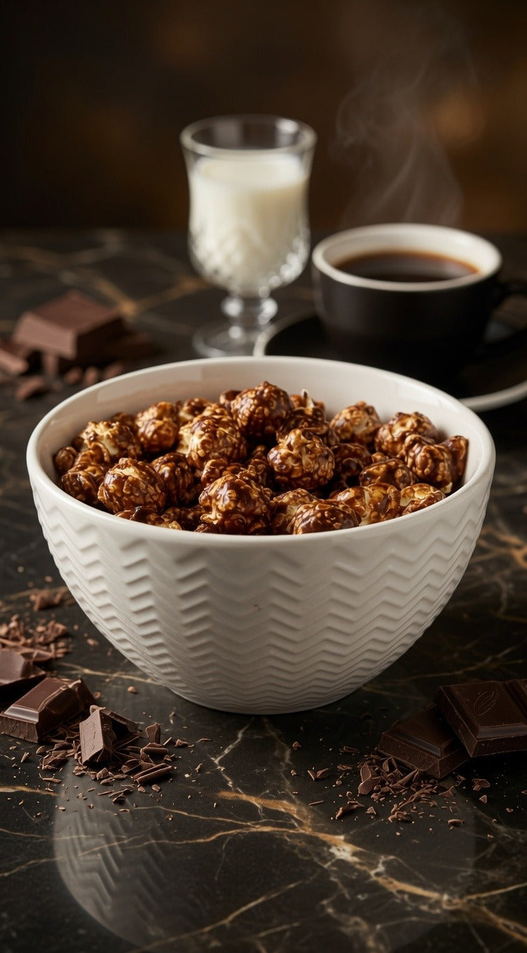 Vegan mint chocolate popcorn pictured on a marble table setting with chocolate, coffee and milk.