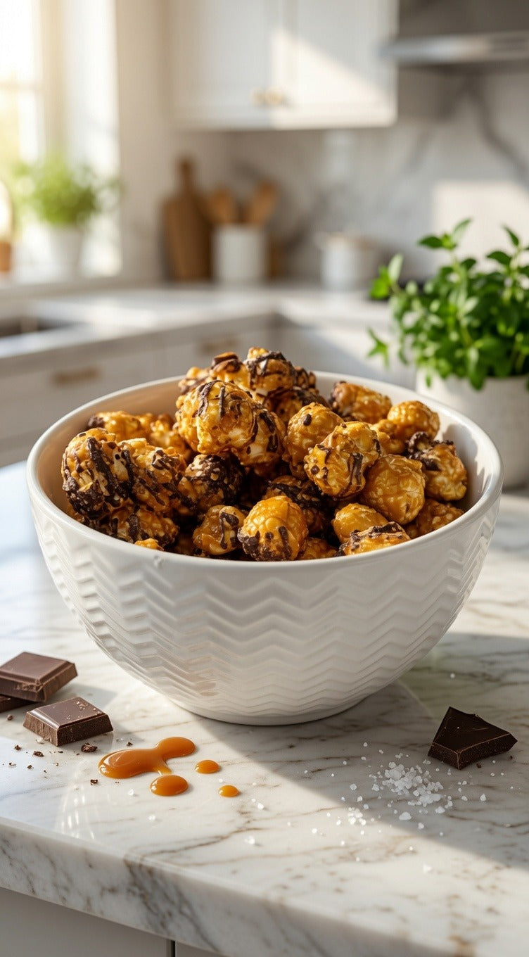 A white textured bowl filled with vegan Belgian chocolate-drizzled peanut butter popcorn on a marble counter top, with scattered chocolate pieces and caramel drizzle in the foreground and a softly blurred kitchen background.