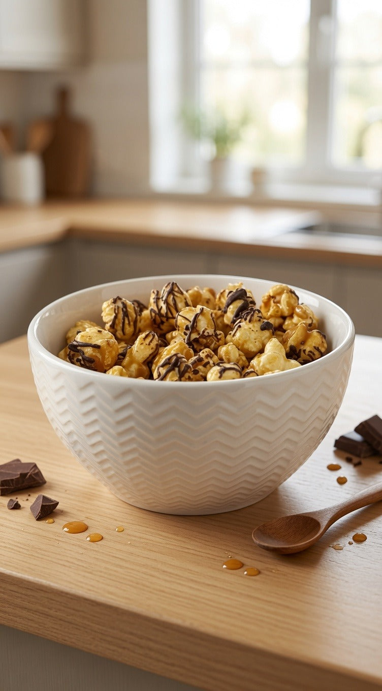 Salted caramel popcorn, drizzled with vegan Belgian chocolate, pictured on a kitchen table with chocolate & a spoon. 